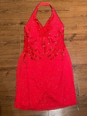 Vintage 90s Red Beaded Halter Cocktail Dress